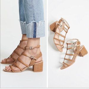 Schutz Braided Tan Sandal Block Heel Ankle Wrap 9.5